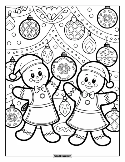 Coloriage de pain d'épices pour enfants : Des amis en pain d'épices tendent les bras pour décorer un sapin plein de douces guirlandes et de sourires