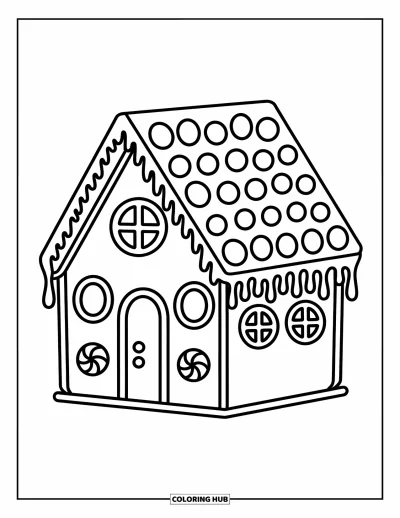 Coloriage de pain d'épices pour enfants : Une maison en pain d'épices surmontée de pastilles et de glaçage qui dégouline, chaleureuse et adorable