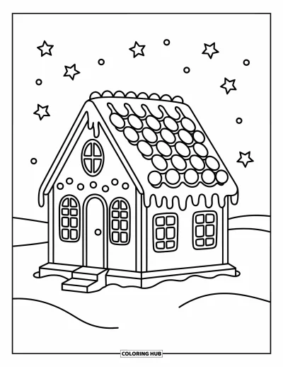 Coloriage de pain d'épices pour enfants : Une maison en pain d'épices avec des pastilles et du glaçage sous un ciel étoilé hivernal