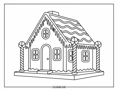 Coloriage de pain d'épices pour enfants : Une maison en pain d'épices avec des stalactites en glaçage et des colonnes en bonbons, accueillante et charmante