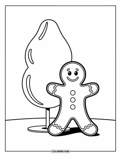 Coloriage de pain d'épices pour enfants : Un bonhomme en pain d'épices souriant à côté d'une grande pastille rayonnant de joie