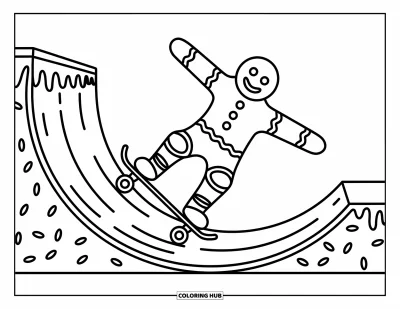Coloriage de pain d'épices pour enfants : Un patineur en pain d'épices s'envole au-dessus d'un halfpipe en glaçage avec des figures spectaculaires