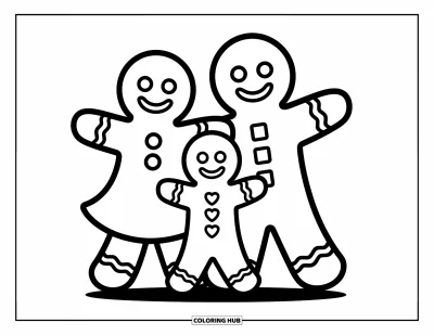 Coloriage de pain d'épices pour enfants : Une joyeuse famille en pain d'épices bien soudée avec des expressions espièges et de mignons boutons