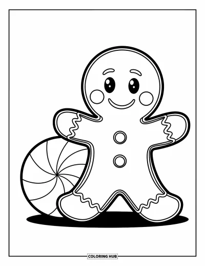 Coloriage de pain d'épices pour enfants : Un joyeux bonhomme en pain d'épices vous accueille à côté d'une grande pastille colorée
