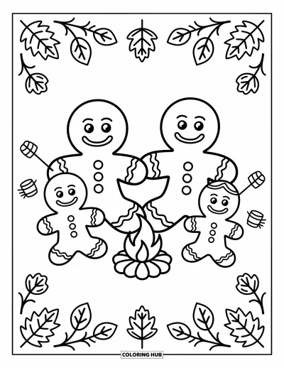 Coloriage de pain d'épices pour enfants : Des guimauves grillent au feu tandis que des amis en pain d'épices profitent d'un paisible moment au camping