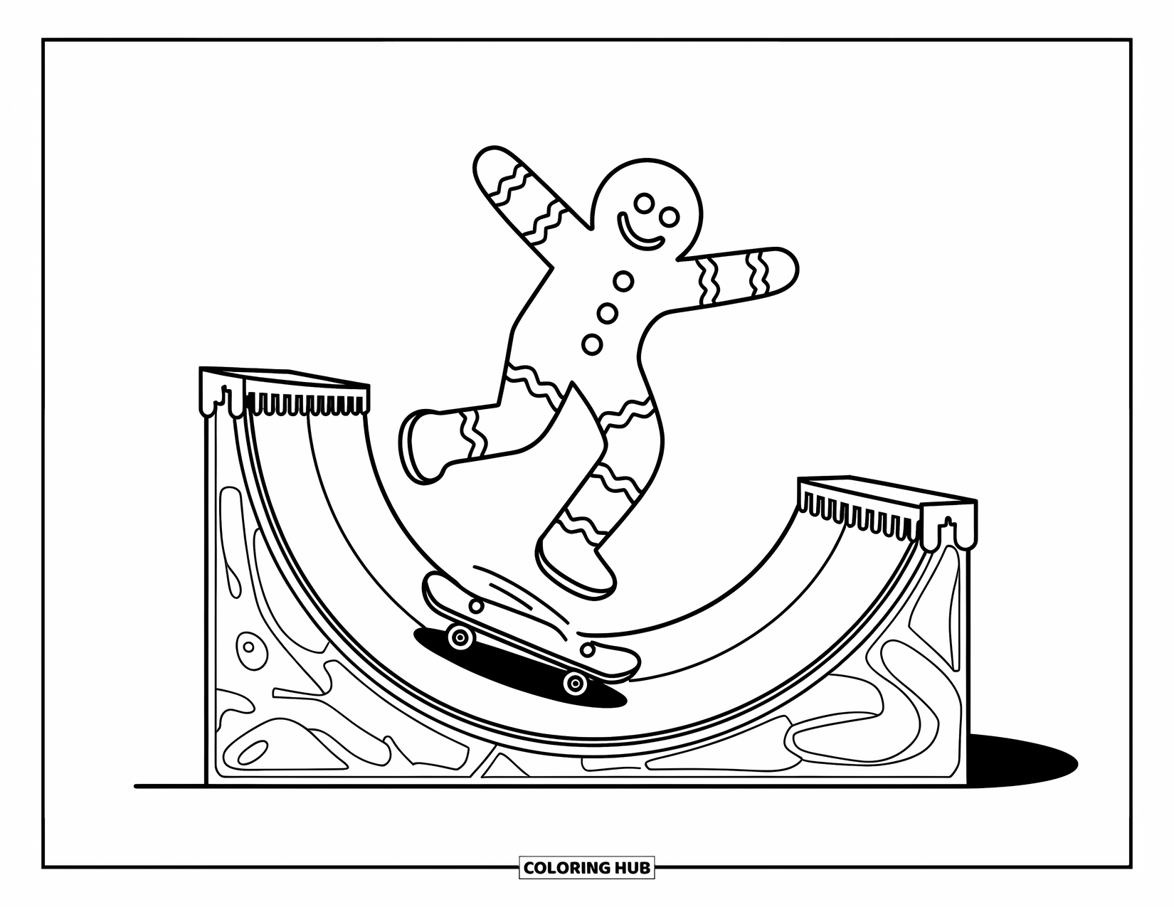 Gingerbread Coloring Page for Kids: Midair gingerbread skater rides a swirly halfpipe with fun, energetic flair