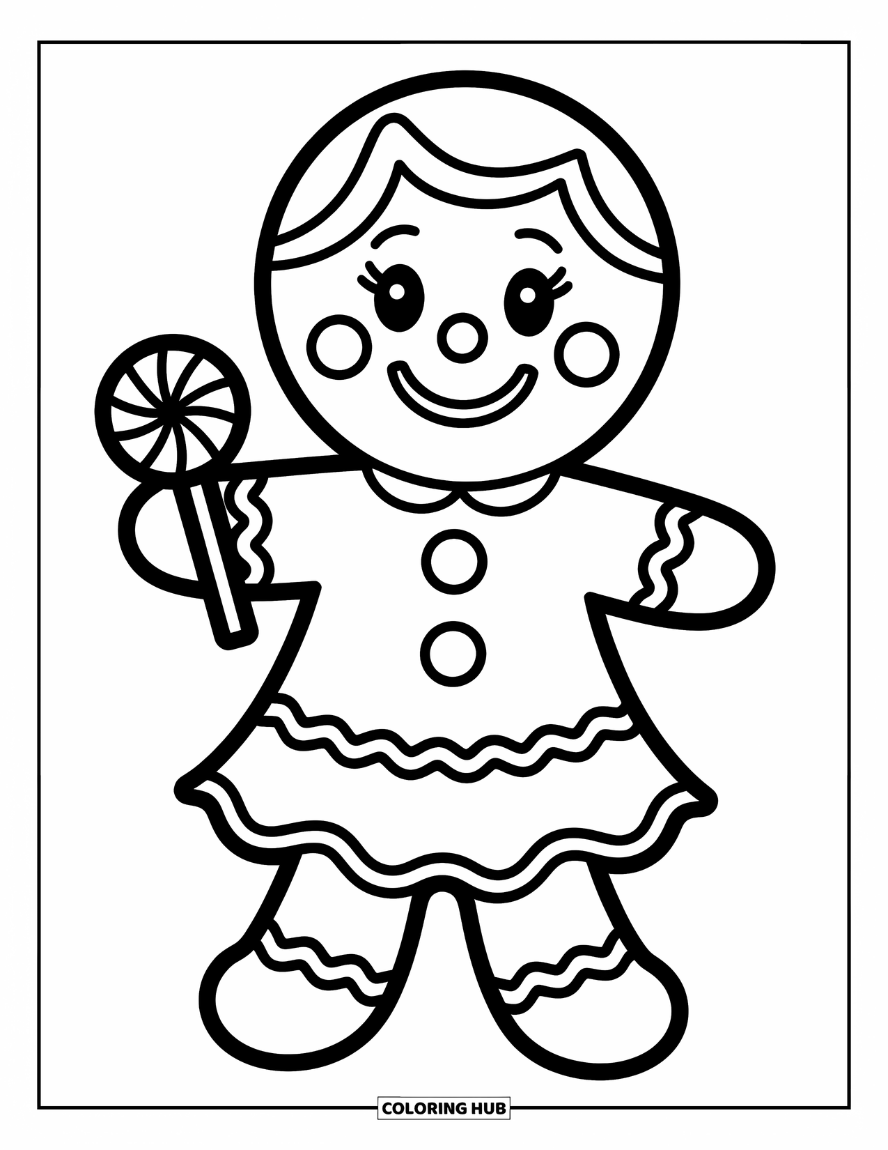Gingerbread Coloring Page for Kids: Playful gingerbread girl holds a swirl candy and wears a holly-decorated dress
