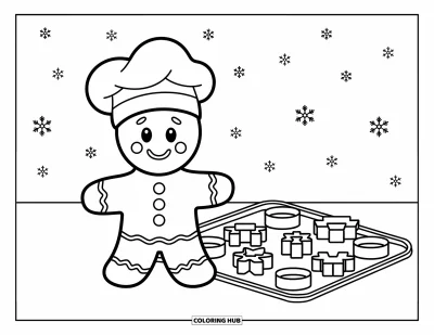 Coloriage de pain d'épices pour enfants : Un boulanger souriant en pain d'épices avec un petit chapeau se tient près d'un plateau de biscuits découpés