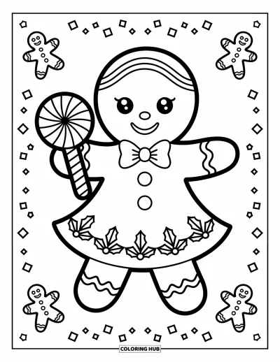 Coloriage de pain d'épices pour enfants : Une petite fille souriante en pain d'épices tient un tourbillon de menthe poivrée et porte un joli nœud festif