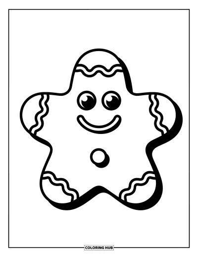 Coloriage de pain d'épices pour enfants : Un biscuit en pain d'épices en forme d'étoile avec de grands yeux en bouton sourit joyeusement