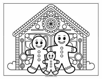 Coloriage de pain d'épices pour enfants : Une famille en pain d'épices pose fièrement devant sa maison décorée de bonbons