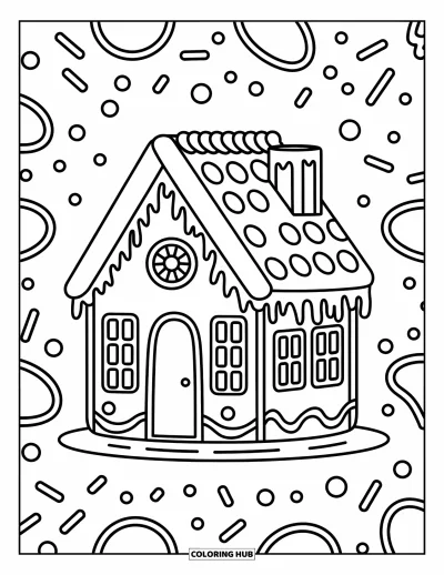 Coloriage de pain d'épices pour enfants : Charmante maisonnette en pain d'épices avec des pastilles colorées sur le toit et des bords givrés