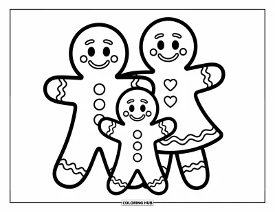 Coloriage de pain d'épices pour enfants : Trois joyeux personnages en pain d'épices se tiennent côte à côte avec des boutons aux formes originales