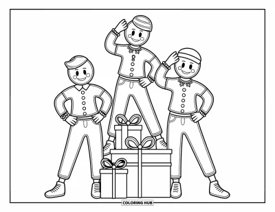 Coloriage de pain d'épices pour enfants : Trois ados en pain d'épices à la mode prennent la pose avec des boîtes cadeaux