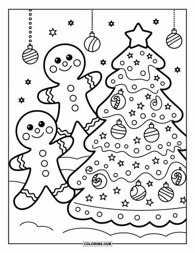 Coloriage de pain d'épices pour enfants : Deux amis en pain d'épices accrochent des décorations sur un arbre en biscuits avec des cannes en sucre d'orge