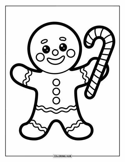 Coloriage de pain d'épices pour enfants : Un personnage en pain d'épices qui salue tient une canne en sucre d'orge avec un grand sourire
