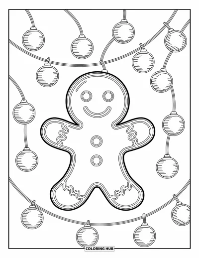 Coloriage de pain d'épices pour enfants : Un personnage fantaisiste en pain d'épices accroche de petites guirlandes lumineuses avec entrain