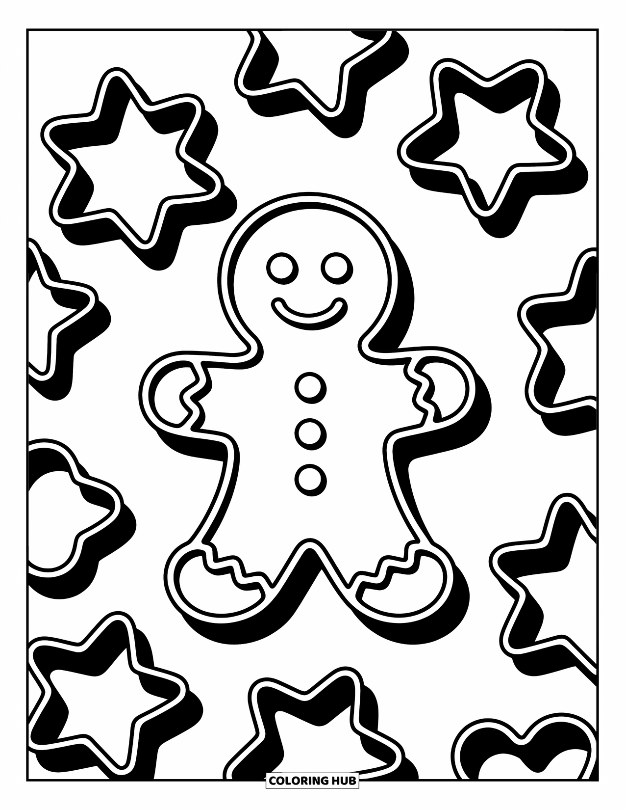 Gingerbread Coloring Page for Kids: Whimsical gingerbread friend stands surrounded by playful cookie cutter shapes