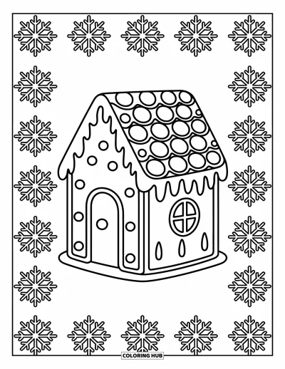 Coloriage de pain d'épices pour enfants : Une maison en pain d'épices fantaisiste surmontée de pastilles et de flocons remplit la scène de joie