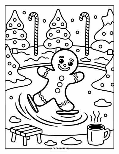 Coloriage de bonshommes en pain d'épices pour adultes : Joyeux bonshommes en pain d'épices faisant du patin avec des sillages tourbillonnants et une neige de guimauves