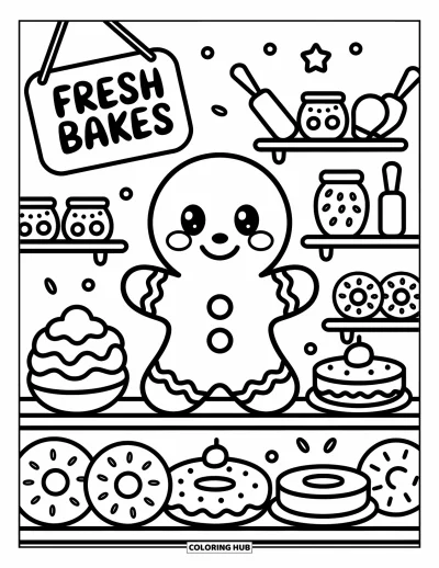 Coloriage de bonshommes en pain d'épices pour adultes : Joyeux bonshommes en pain d'épices entouré de pâtisseries et d'ustensiles de cuisine chaleureux