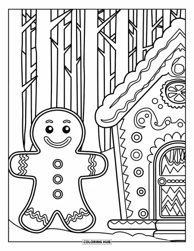 Coloriage de bonshommes en pain d'épices pour adultes : Bonshommes et maison en pain d'épices givrés nichés dans une forêt de sucreries