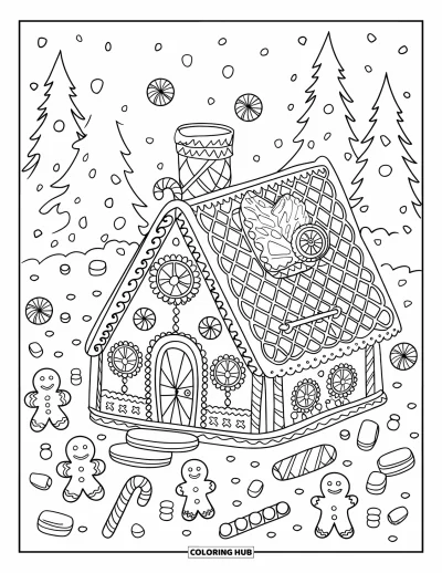 Coloriage de bonshommes en pain d'épices pour adultes : Maison en pain d'épices avec des dragées, des guimauves et des personnages en pain d'épices