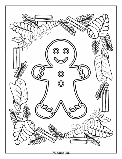 Coloriage de bonshommes en pain d'épices pour adultes : Bonshommes en pain d'épices encadré de gingembre, de cannelle et de feuilles hivernales