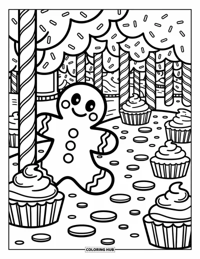 Coloriage de bonshommes en pain d'épices pour adultes : Bonshommes en pain d'épices caché derrière des guimauves sur un sentier forestier sucré
