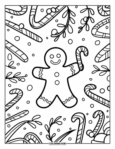 Coloriage de bonshommes en pain d'épices pour adultes : Bonshommes en pain d'épices tenant une canne en sucre d'orge parmi des tourbillons et des friandises