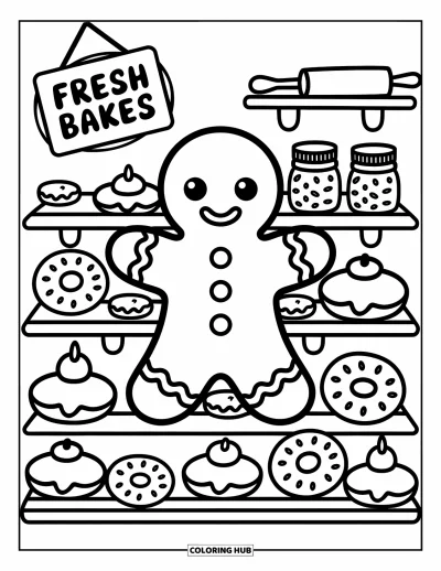 Coloriage de bonshommes en pain d'épices pour adultes : Bonshommes en pain d'épices dans une vitrine de boulangerie avec des beignets, des bocaux et une pancarte amusante