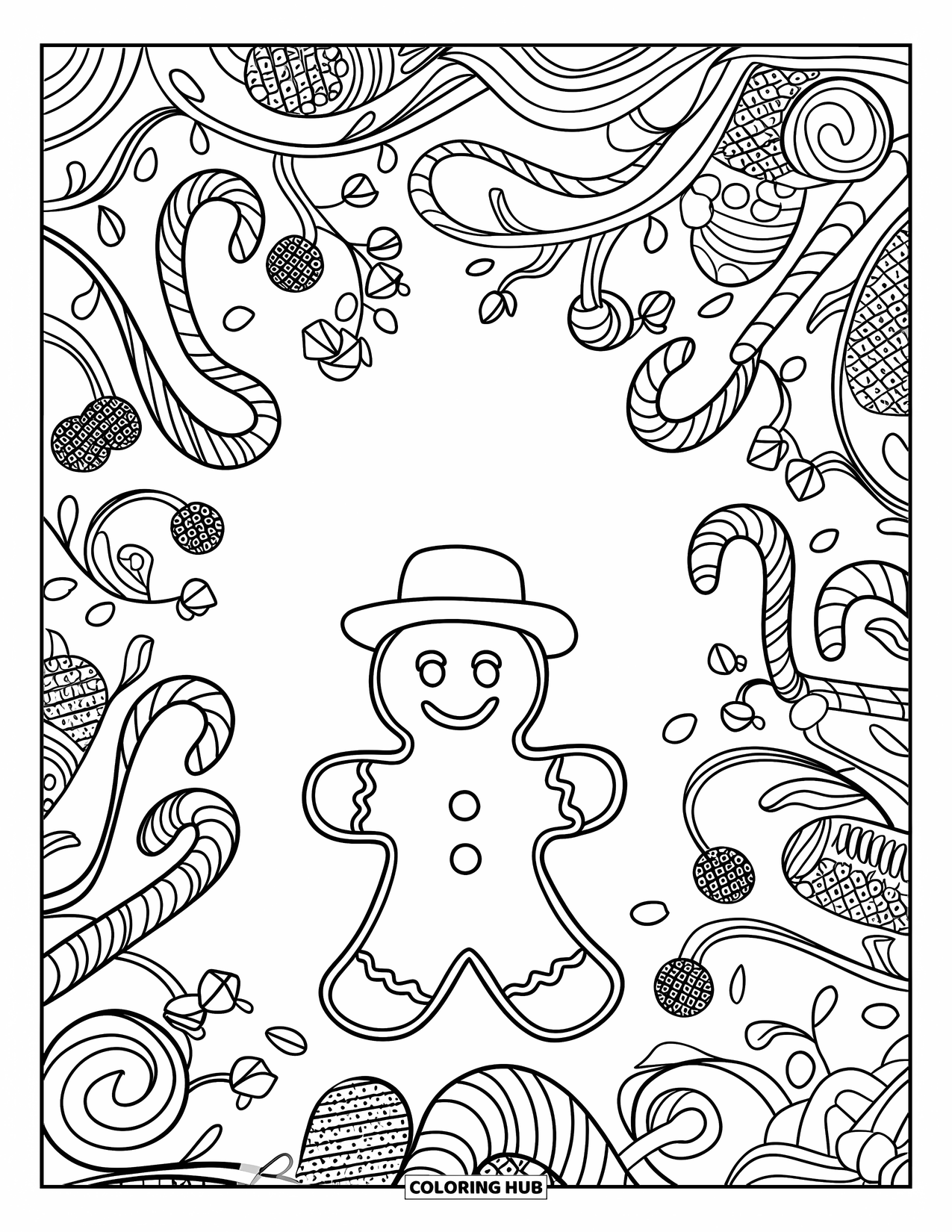 Gingerbread Man Coloring Page for Adults: Gingerbread man in a candy forest with swirly vines and berries