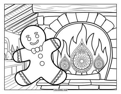 Coloriage de bonshommes en pain d'épices pour adultes : Bonshommes en pain d'épices en robe de chambre se détendant au coin du feu dans une pièce rustique