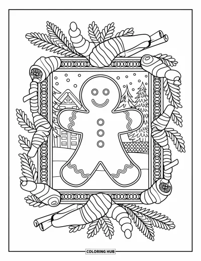 Coloriage de bonshommes en pain d'épices pour adultes : Bonshommes en pain d'épices dans un décor enneigé entouré d'épices et de feuillage hivernal