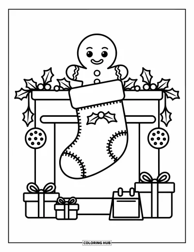 Coloriage de bonshommes en pain d'épices pour adultes : Bonshommes en pain d'épices dans une chaussette entouré d'étoiles, de cadeaux et de biscuits