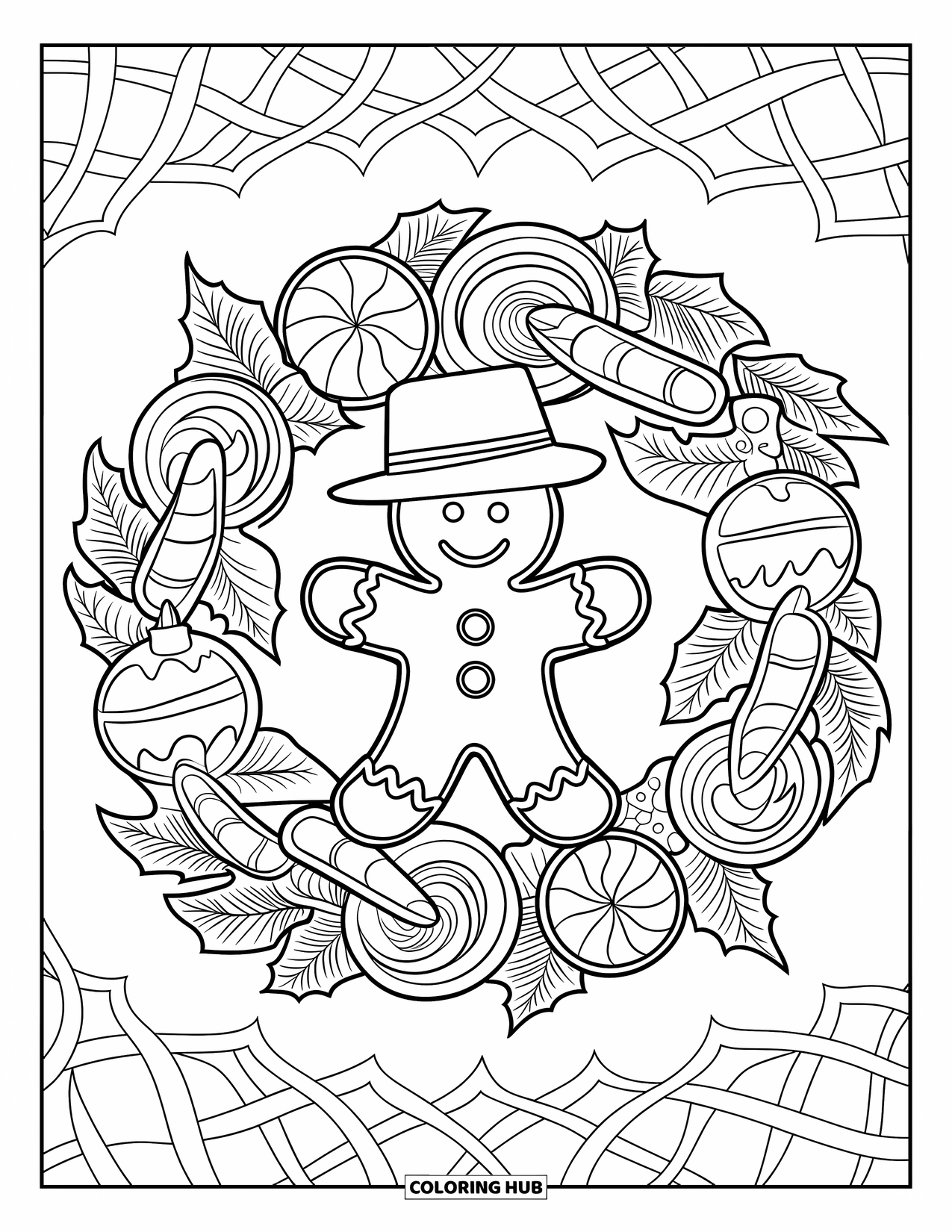 Gingerbread Man Coloring Page for Adults: Gingerbread man inside a wreath filled with candy and holly leaves