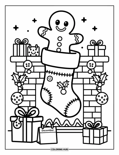 Coloriage de bonshommes en pain d'épices pour adultes : Bonshommes en pain d'épices qui pointe son nez d'une grande chaussette suspendue au-dessus d'une cheminée festive