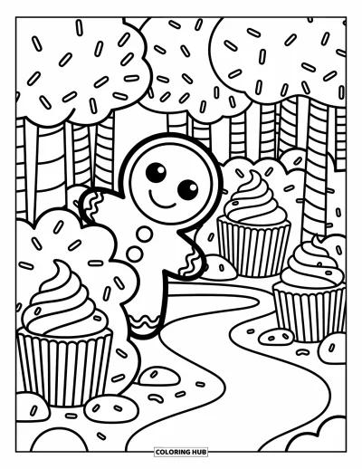 Coloriage de bonshommes en pain d'épices pour adultes : Bonshommes en pain d'épices surgissant d'un buisson de guimauves dans une forêt pleine de sucreries