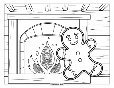 Coloriage de bonshommes en pain d'épices pour adultes : Bonshommes en pain d'épices se prélassant près d'une cheminée douillette avec des flammes à motifs