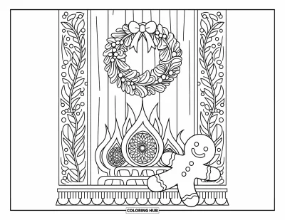Coloriage de bonshommes en pain d'épices pour adultes : Bonshommes en pain d'épices se reposant près d'une cheminée avec une couronne de Noël et des panneaux sculptés