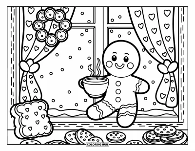 Coloriage de bonshommes en pain d'épices pour adultes : Bonshommes en pain d'épices sirotant un chocolat chaud sur un rebord de fenêtre en regardant tomber des flocons sucrés