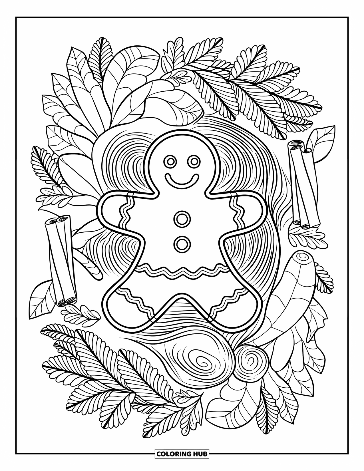 Gingerbread Man Coloring Page for Adults: Gingerbread man sitting on a log within a wintery spiced border