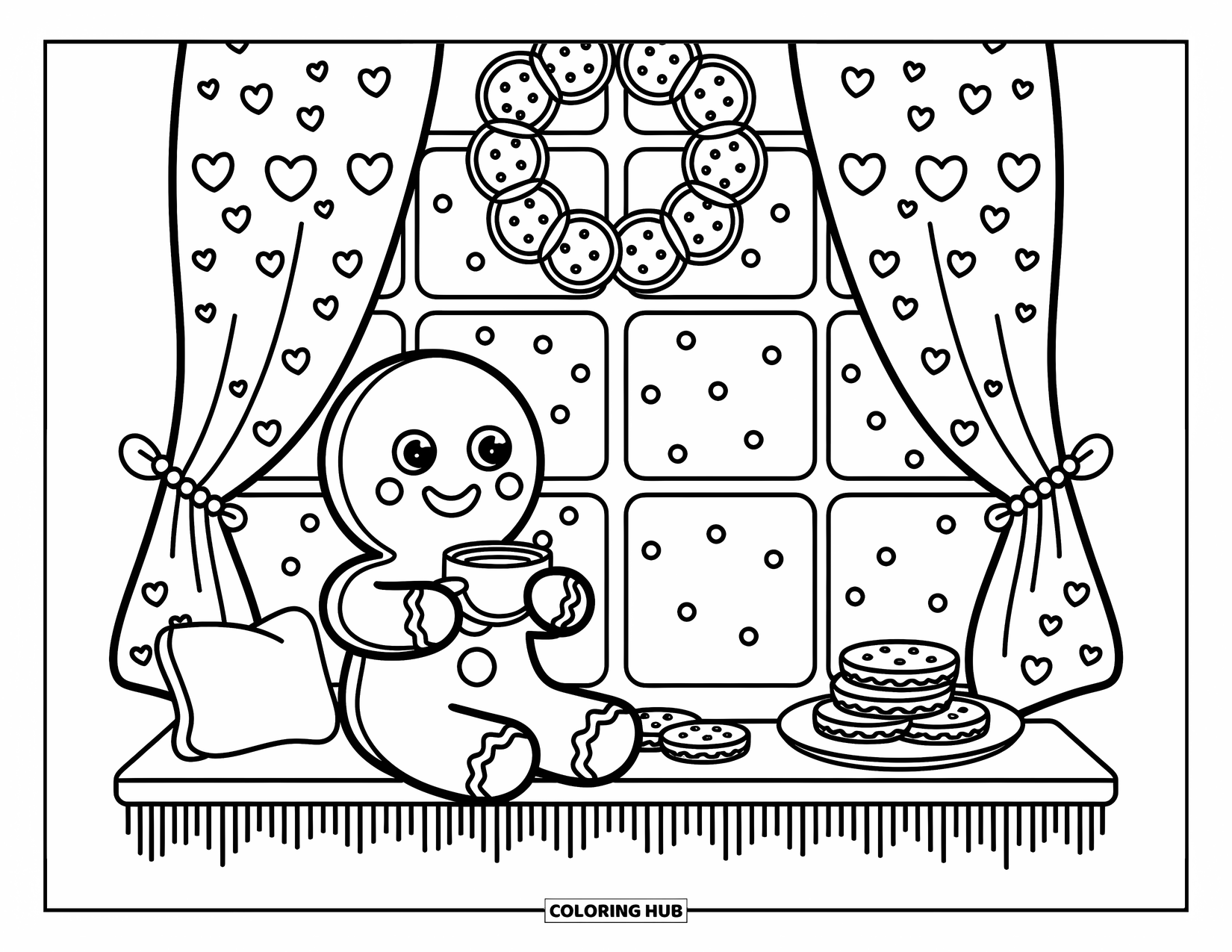 Gingerbread Man Coloring Page for Adults: Gingerbread man sitting on a windowsill with cocoa and gingerbread treats nearby
