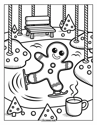 Coloriage de bonshommes en pain d'épices pour adultes : Bonshommes en pain d'épices faisant du patin entre des arbres en bonbons colorés et une tasse fumante