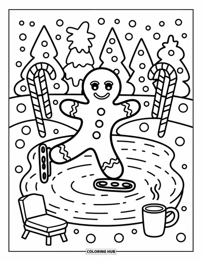 Coloriage de bonshommes en pain d'épices pour adultes : Bonshommes en pain d'épices faisant du patin avec entrain sur un étang avec des poteaux en canne de sucre d'orge
