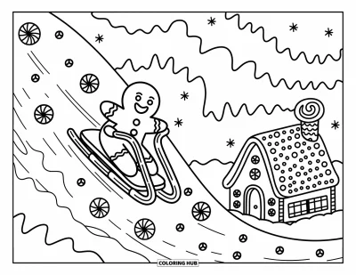 Coloriage de bonshommes en pain d'épices pour adultes : Bonshommes en pain d'épices faisant de la luge sur une pente givrée vers un chalet en biscuit tout douillet