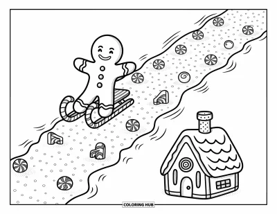 Coloriage de bonshommes en pain d'épices pour adultes : Bonshommes en pain d'épices glissant joyeusement sur une colline tourbillonnante vers un chalet en biscuit