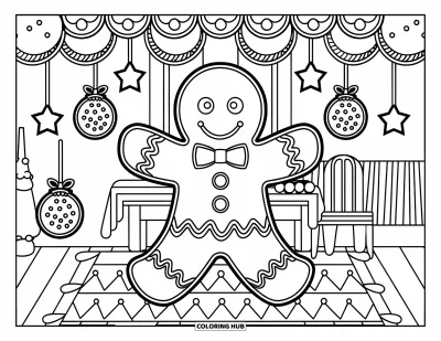 Coloriage de bonshommes en pain d'épices pour adultes : Bonshommes en pain d'épices debout près d'une table de fête et d'un tapis à motifs