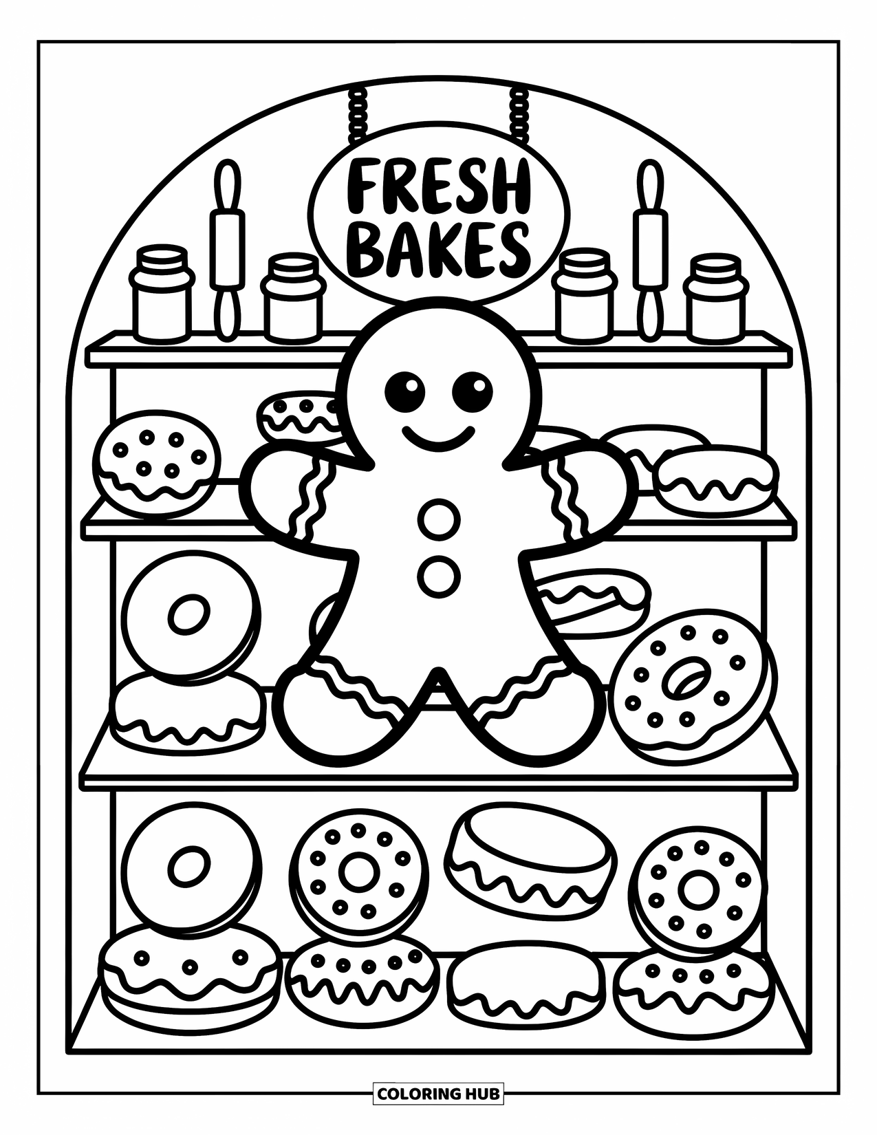 Gingerbread Man Coloring Page for Adults: Gingerbread man standing on a bakery shelf with tiny pastries and a ìFresh Bakesî sign