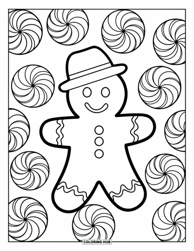 Coloriage de bonshommes en pain d'épices pour adultes : Bonshommes en pain d'épices entouré de motifs de mandala en spirales de menthe poivrée